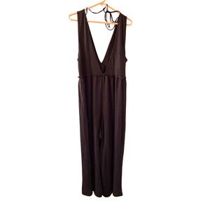 American Eagle Womens Black Wide Leg Jumpsuit Deep V-Neck Halter Tie Large L
